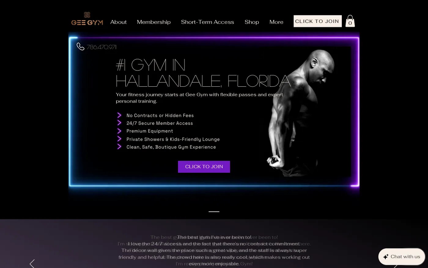 The Gee Gym website today: #1 gym in Hallandale, Florida, with no contracts, 24/7 secure access and premium equipment