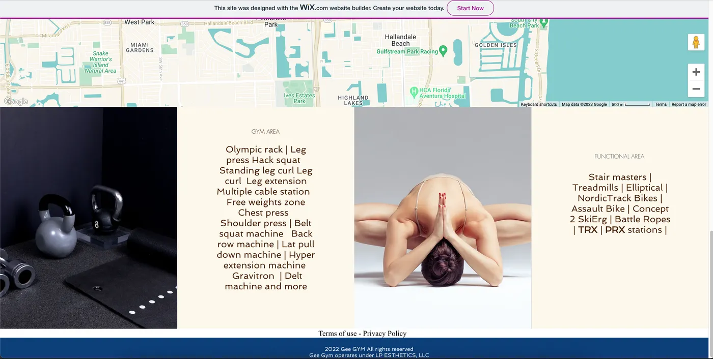 The old Gee Gym website in December 2023: a Wix free-plan banner, a map, stock photos and equipment lists